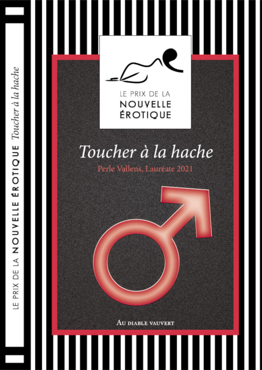 Couverture du receuil de nouvelles arborant un symbole masculin sur un font noir et blanc à rayures.